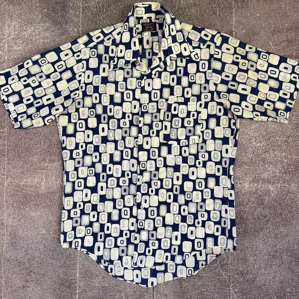 Men's Vintage 70s JCPenney Blue White Abstract Button Up Short Sleeve Shirt Sz M